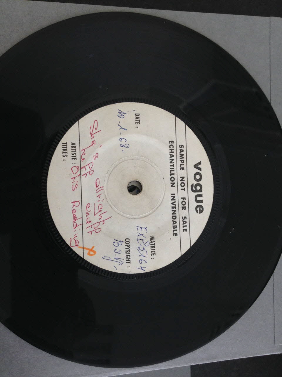 Otis Redding ; Disques Vogue disque 45 tours she's alright tuff enuff 1968/1/10 2001.69.16.3938 Photo