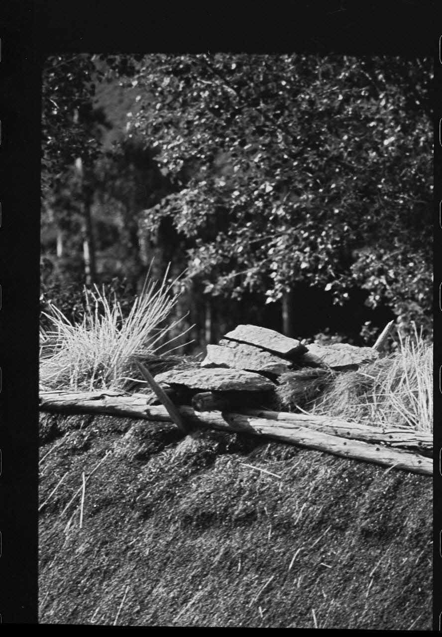 Michel Perréard photographie Grange abandonnée. Vue de l'angle Nord-Est : pignon et toiture. Détail de la faîtière Provence-Alpes-Côte d'Azur, France 1974 Ph.1975.58.89 Photo