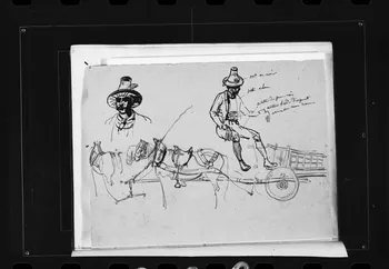 photographie Dessin rehaussé de couleurs, représentant un attelage de chevaux ainsi qu'un costume d'homme. Par François Lalaisse Ph.1980.2.238 Photo