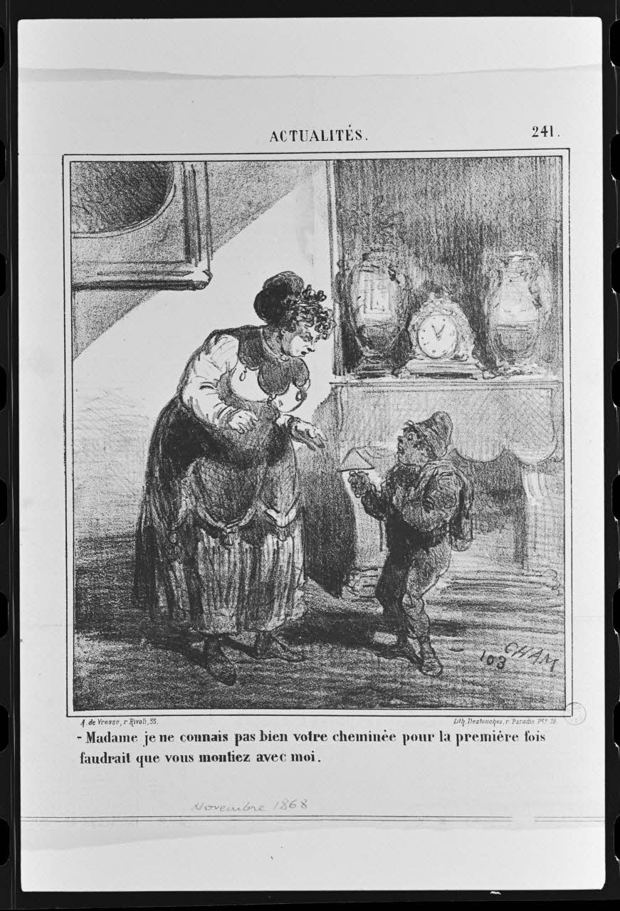 photographie Estampe humoristique traitant des ramoneurs, extraite du Charivari. Datée de 1868. Lithographie noir et blanc. Publiée dans la revue Ethnologie Française Ph.1980.2.24 Photo