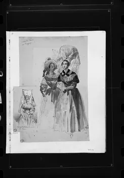 photographie Dessin rehaussé de couleurs, représentant un costume de femme ainsi que sa coiffe. Par François Lalaisse Ph.1980.2.250 Photo