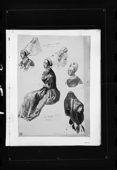 photographie Dessin rehaussé de couleurs, représentant un costume de femme ainsi que sa coiffe. Par François Lalaisse Ph.1980.2.251 Photo