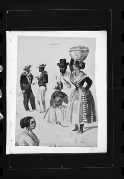 photographie Dessin rehaussé de couleurs, représentant des costumes d'homme et de femme, portant des objets sur leur tête. Par François Lalaisse Ph.1980.2.258 Photo