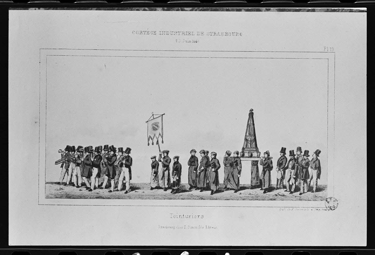 photographie Estampe représentant un teinturier dans un défilé, datée de 1840. "Cortège industriel de Strasbourg - habitants de la Robertsau". Lithographie couleur. Maison Simon fils Ph.1980.2.264 Photo