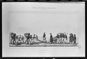 photographie Estampe représentant un jardinier et un cultivateur dans un défilé, datée de 1840. "Cortège industriel de Strasbourg". Lithographie couleur. Maison Simon fils Ph.1980.2.267  Photo