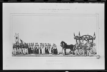 photographie Estampe représentant un jardinier et un cultivateur dans un défilé, datée de 1840. "Cortège industriel de Strasbourg". Lithographie couleur. Maison Simon fils Ph.1980.2.268  Photo