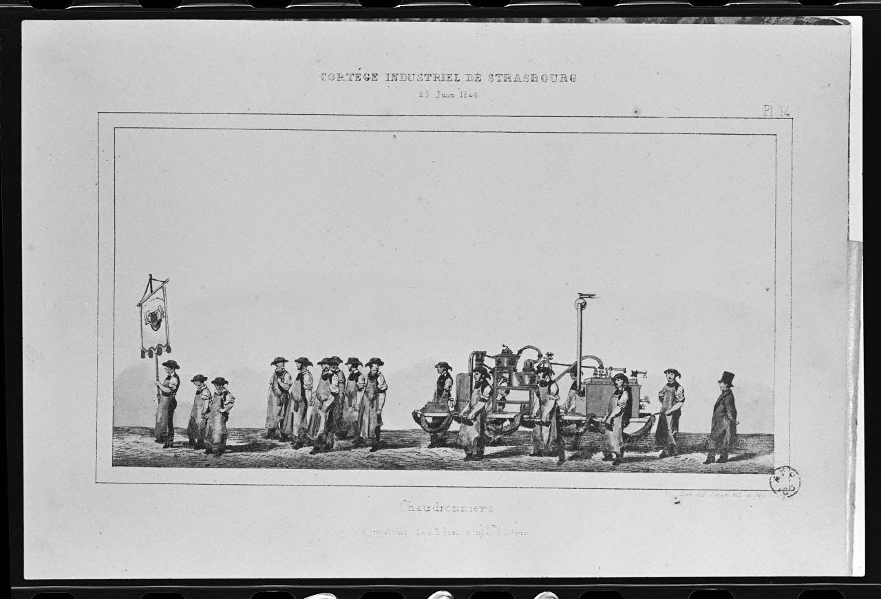 photographie Estampe représentant un chaudronnier dans un défilé, datée de 1840. "Cortège industriel de Strasbourg". Lithographie couleur. Maison Simon fils Ph.1980.2.269 Photo