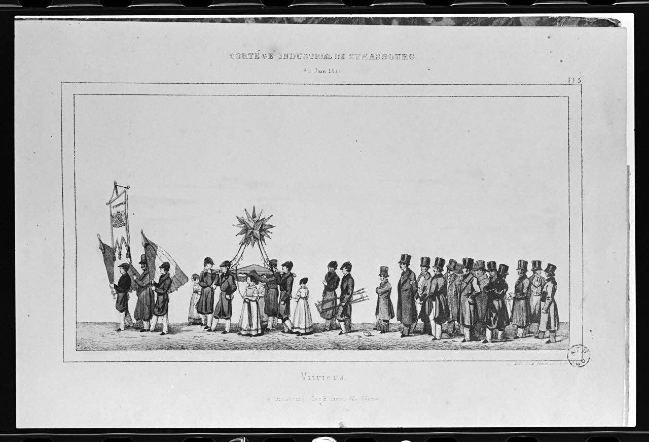 photographie Estampe représentant un vitrier dans un défilé, datée de 1840. "Cortège industriel de Strasbourg". Lithographie couleur. Maison Simon fils Ph.1980.2.276 Photo