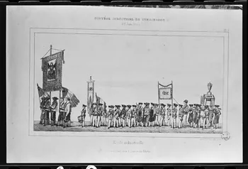 photographie Estampe représentant le défilé de l'école professionnelle, datée de 1840. "Cortège industriel de Strasbourg". Lithographie couleur. Ecole industrielle Ph.1980.2.280 Photo