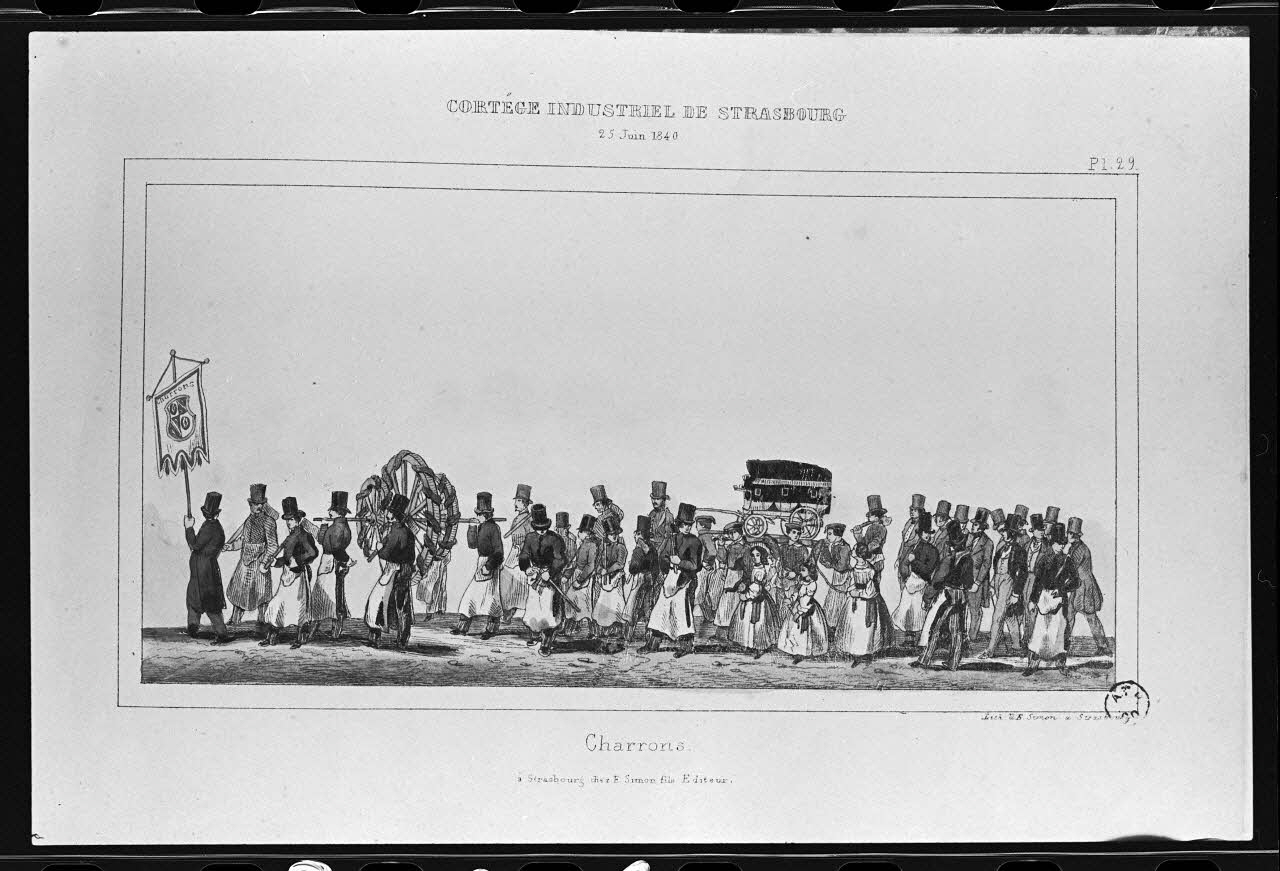 photographie Estampe représentant un charron dans un défilé, datée de 1840. "Cortège industriel de Strasbourg". Lithographie couleur. Maison Simon fils Ph.1980.2.286 Photo
