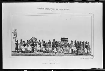 photographie Estampe représentant un charron dans un défilé, datée de 1840. "Cortège industriel de Strasbourg". Lithographie couleur. Maison Simon fils Ph.1980.2.286 Photo