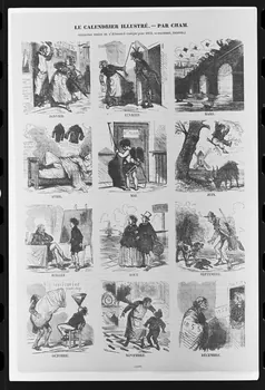 photographie Estampe humoristique sous forme de calendrier. Lithographie noir et blanc. Calendrier illustré par Cham et tiré de l'Almanach Comique Ph.1980.2.30 Photo