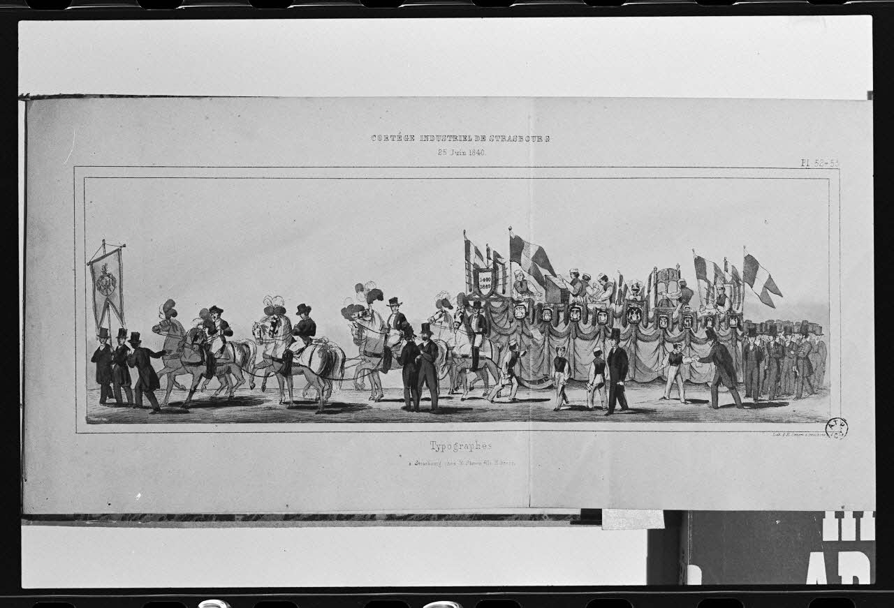 photographie Estampe représentant un typographe dans un défilé, datée de 1840. "Cortège industriel de Strasbourg". Lithographie couleur. Maison Simon fils Ph.1980.2.303 Photo