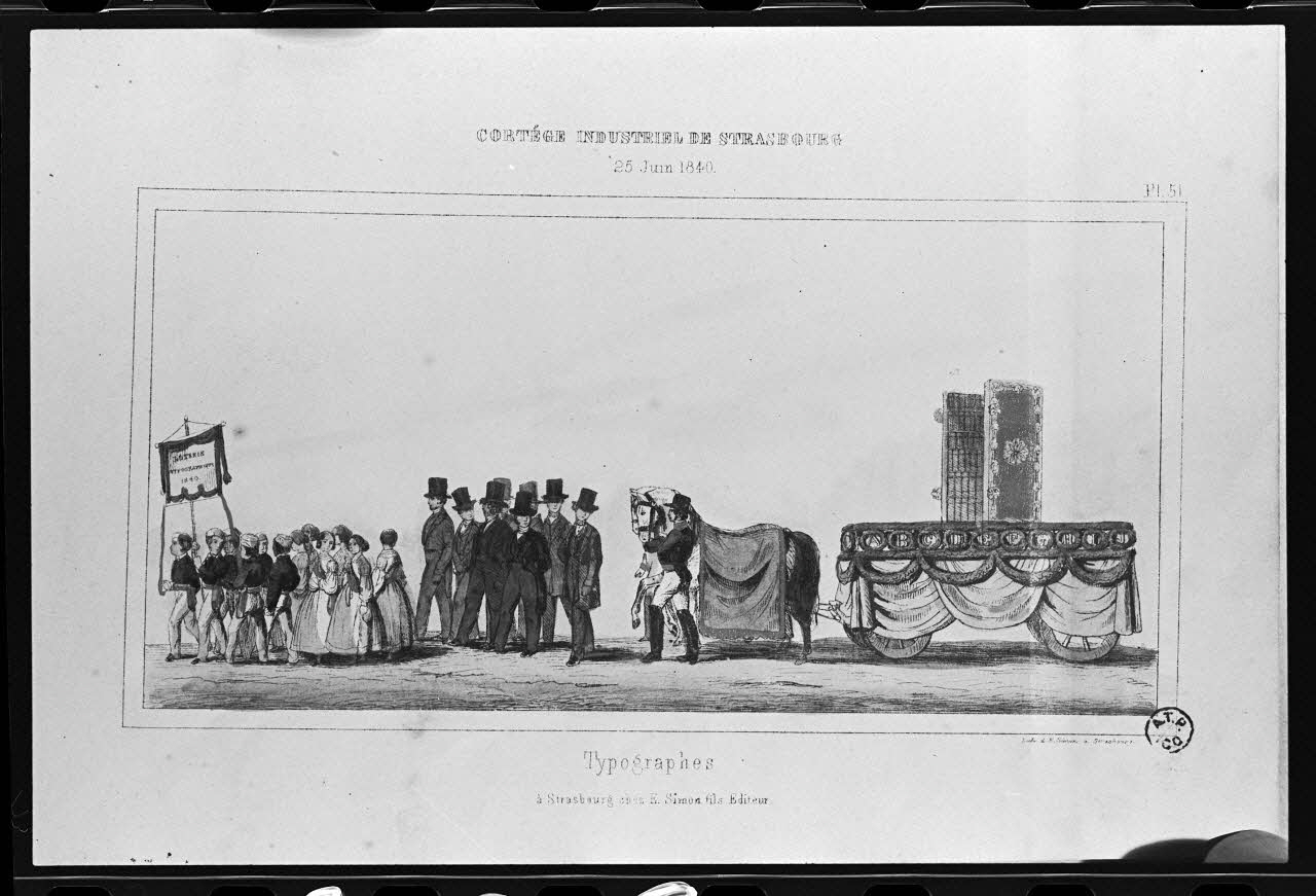 photographie Estampe représentant un typographe dans un défilé, datée de 1840. "Cortège industriel de Strasbourg". Lithographie couleur. Maison Simon fils Ph.1980.2.305 Photo
