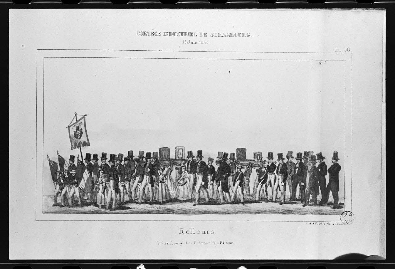 photographie Estampe représentant un relieur dans un défilé, datée de 1840. "Cortège industriel de Strasbourg". Lithographie couleur. Maison Simon fils Ph.1980.2.306 Photo