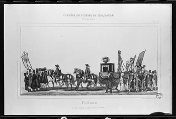 photographie Estampe représentant un poêlier dans un défilé, datée de 1840. "Cortège industriel de Strasbourg". Lithographie couleur. Maison Simon fils Ph.1980.2.309 Photo