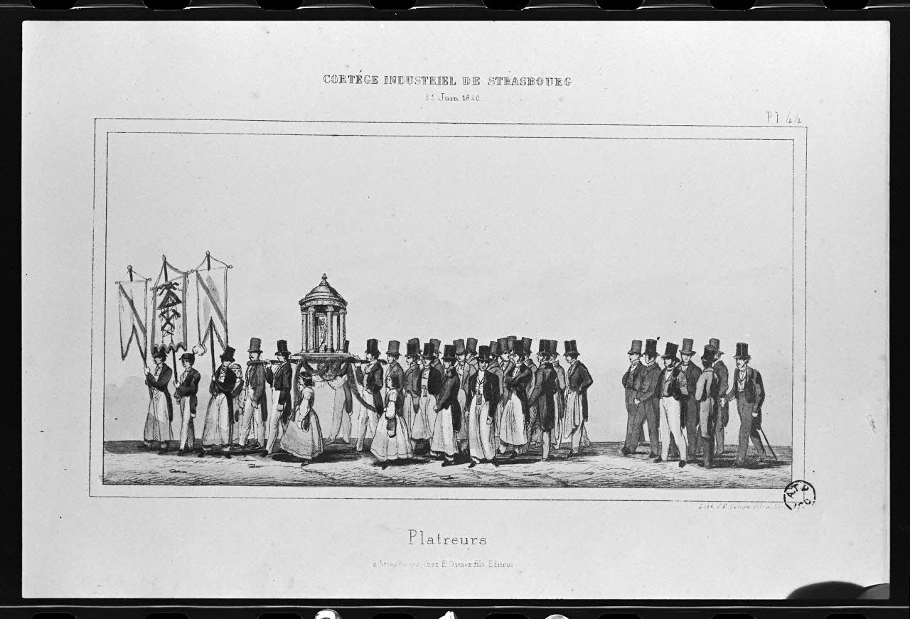 photographie Estampe représentant un plâtrier dans un défilé, datée de 1840. "Cortège industriel de Strasbourg". Lithographie couleur. Maison Simon fils Ph.1980.2.310 Photo