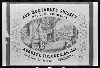 photographie Carte publicitaire pour la fabrication de produits laitiers. "Aux montagnes suisses étiquette de fromage". Lithographie noir et blanc Ph.1980.2.328 Photo