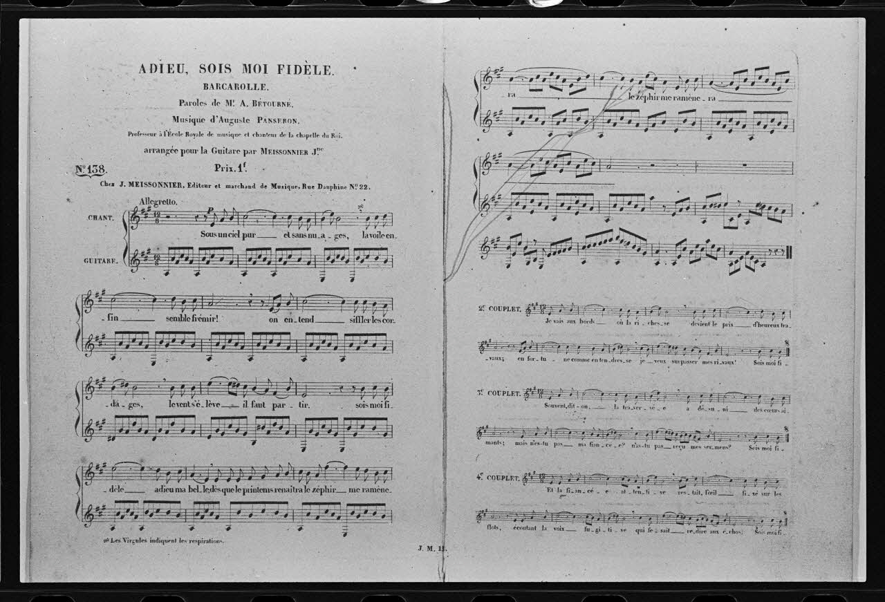 photographie Partition d'une chanson. "Adieu, sois moi fidèle". Edition Meissonnier Ph.1980.2.334 Photo