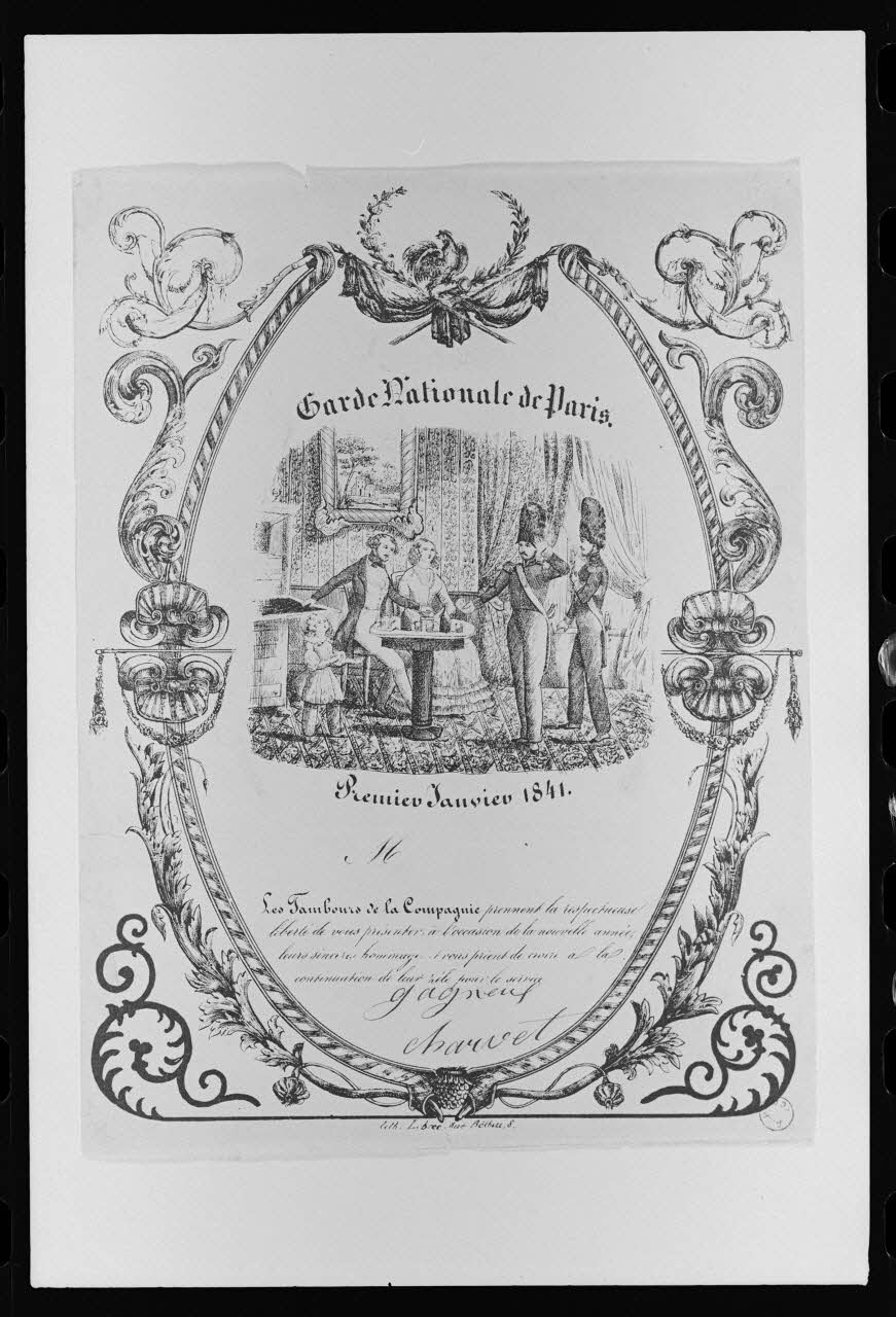 photographie Carte de vœux souhaitant une bonne année, représentant la garde nationale. Lithographie bleu et blanc. Chez Lebric Ph.1980.2.342 Photo