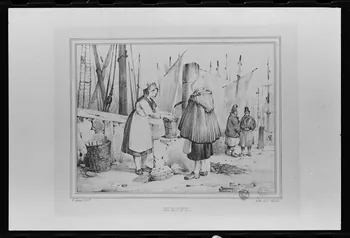 photographie Estampe représentant un port de pêche ainsi qu'un costume de femme, datée de 1828. Extrait de "Costumes de marin" d'Adam Victor. Lithographie. Maison Rittner et Arrowsmith à Paris Ph.1980.2.348 Photo