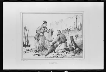 photographie Estampe représentant un filet de pêche ainsi qu'un costume professionnel, datée de 1828. Extrait de "Costumes de marin" d'Adam Victor. Lithographie. Maison Rittner et Arrowsmith à Paris Ph.1980.2.349 Photo