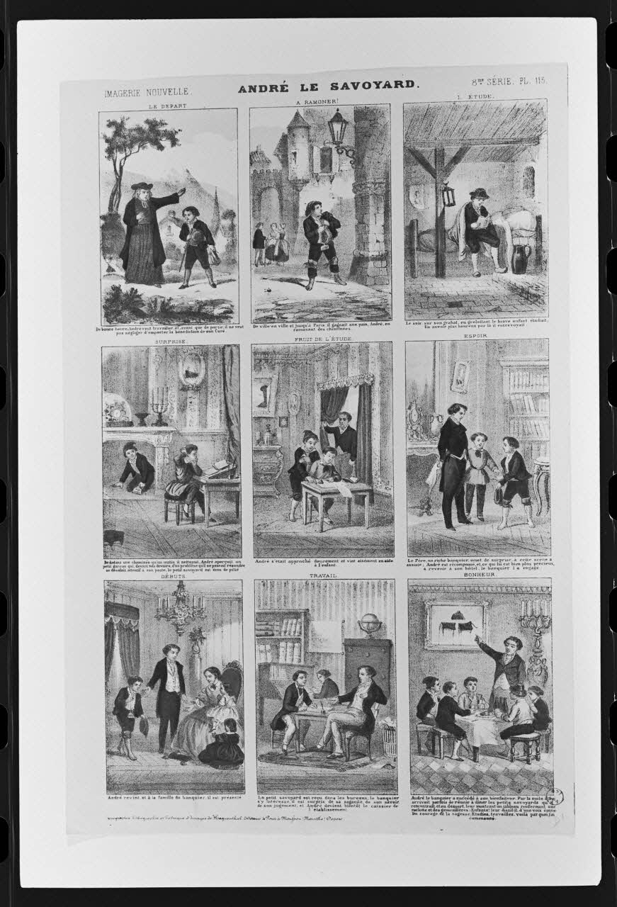 photographie Planche éducative sous forme d'estampe concernant un ramoneur (neuf vignettes). "André le savoyard". Lithographie couleur. Chez Haguenthal à Pont-à-Mousson Ph.1980.2.35 Photo