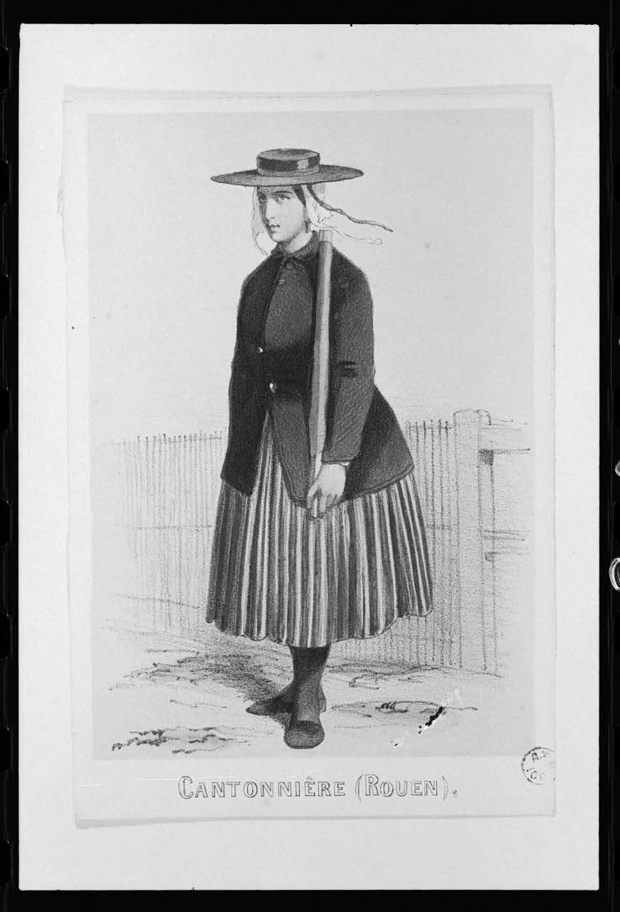 photographie Estampe représentant un costume de femme cantonnière. "Souvenirs de Basse-Normandie". Lithographie. Editions F. Sinnett Ph.1980.2.391 Photo