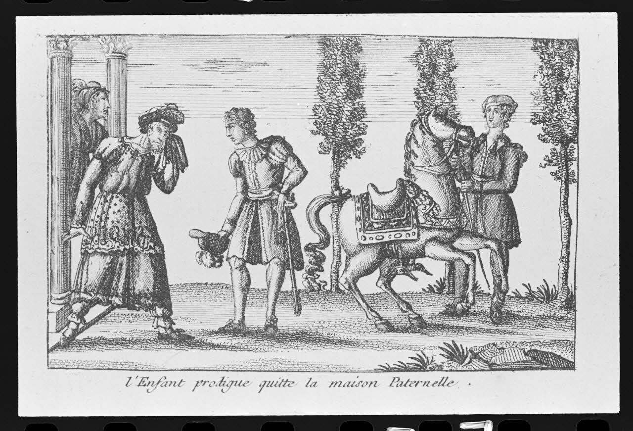 photographie Estampe accompagnée d'un texte représentant le mythe de l'enfant prodigue, datée de 1804. "Le départ de l'enfant prodigue". Cuivre noir et blanc. Chez Lenoir à Paris Ph.1980.2.57 Photo