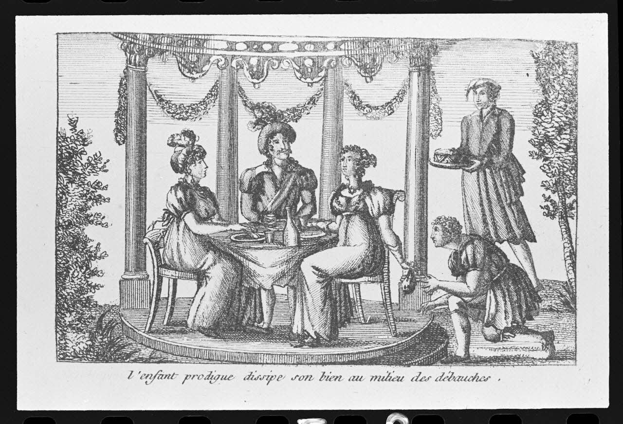 photographie Estampe accompagnée d'un texte représentant le mythe de l'enfant prodigue, datée de 1804. "Le retour de l'enfant prodigue". Cuivre noir et blanc. Chez Lenoir à Paris Ph.1980.2.58 Photo