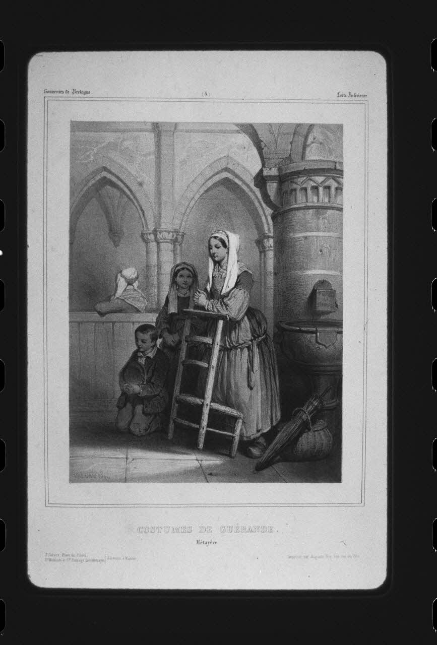 photographie "Souvenirs de l'Ouest de la France : costumes bretons". Personnes en costume à l'église. Lithographie. . Planche V. 1844 Ph.1985.40.4 Photo