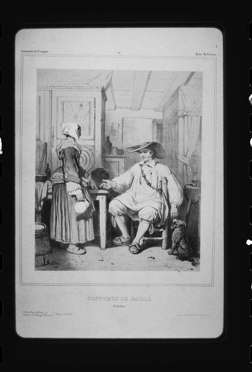 photographie "Souvenirs de l'Ouest de la France : costumes bretons". Personnes en costume dans la salle commune. Lithographie. . Planche IV. 1844 Ph.1985.40.7 Photo
