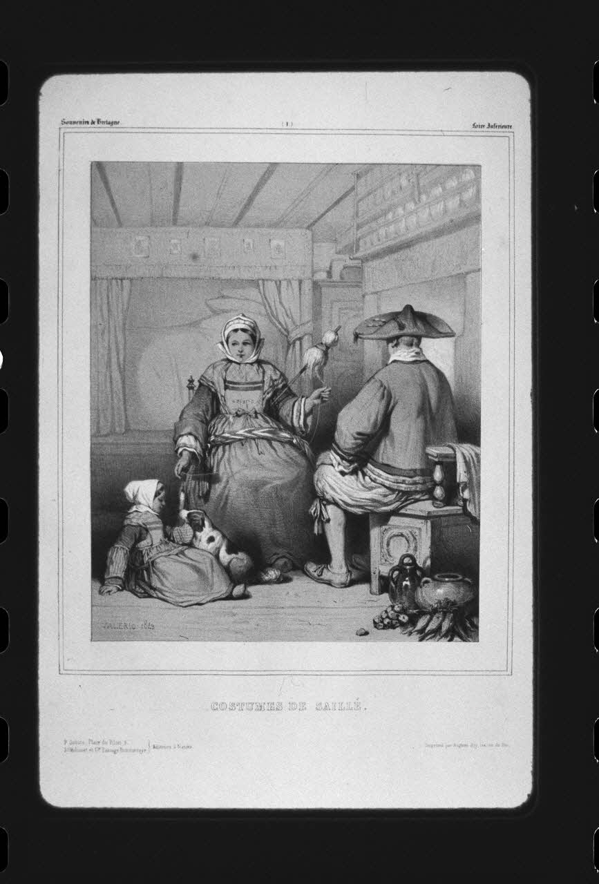 photographie "Souvenirs de l'Ouest de la France : costumes bretons". Costumes de Saillé. Personnes en costume dans la salle commune. Lithographie. Planche I. 1843 Ph.1985.40.8 Photo
