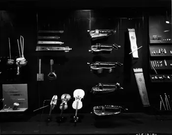 photographie MuCEM (Paris) . Galerie d'étude. Section "Musique". Vitrine d'exposition numéro 21. Systématique des instruments de musique : cordophone Ph.1986.6.315  Photo