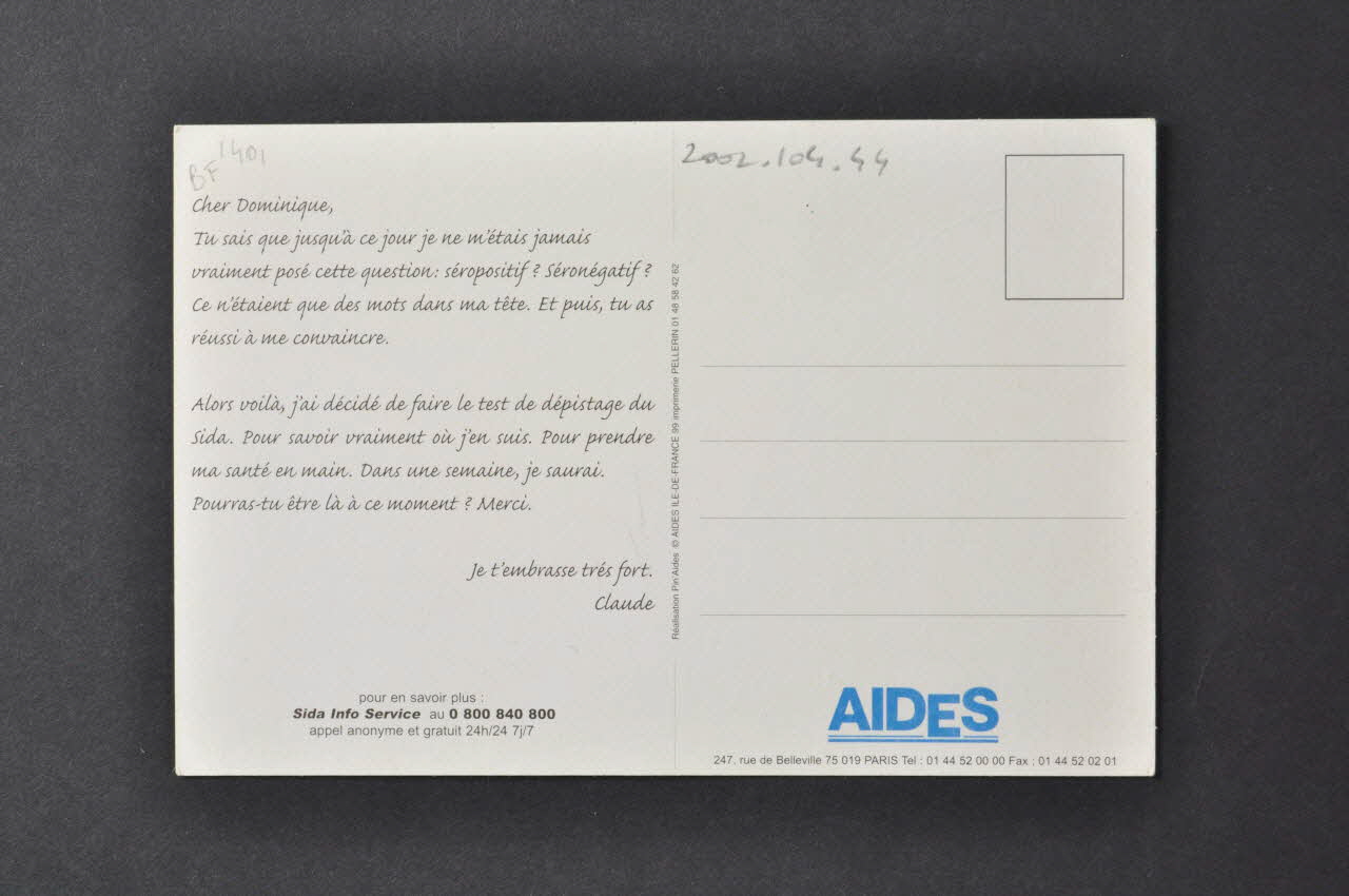carte postale "Séronégatif... séropositif... j'ai décidé de faire le test de dépistage du sida..." 2002.104.44  Photo Mucem