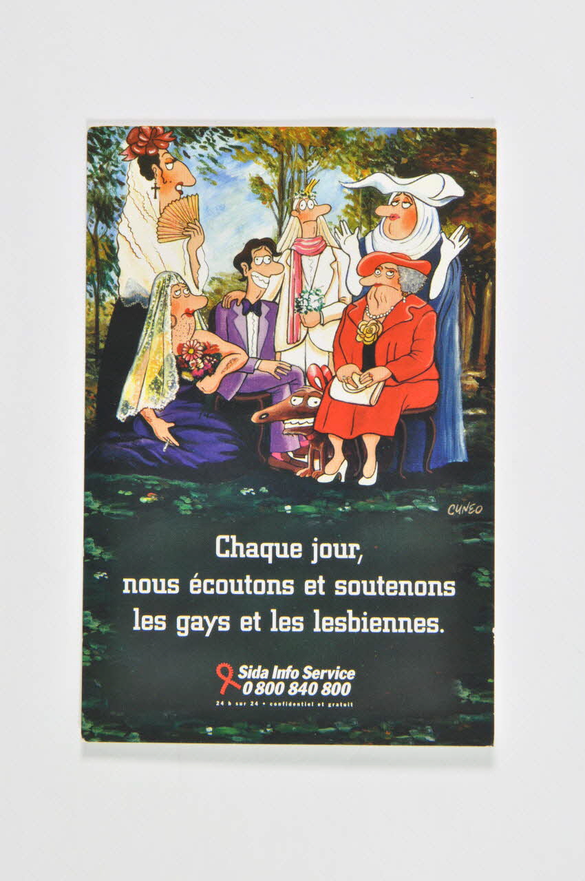 carte postale " Chaque jour, nous écoutons et soutenons les gays et les lesbiennes... /  pour leur favoriser l'accès à la prévention, aux soins et aux droits" 2002.104.58 Photo Mucem