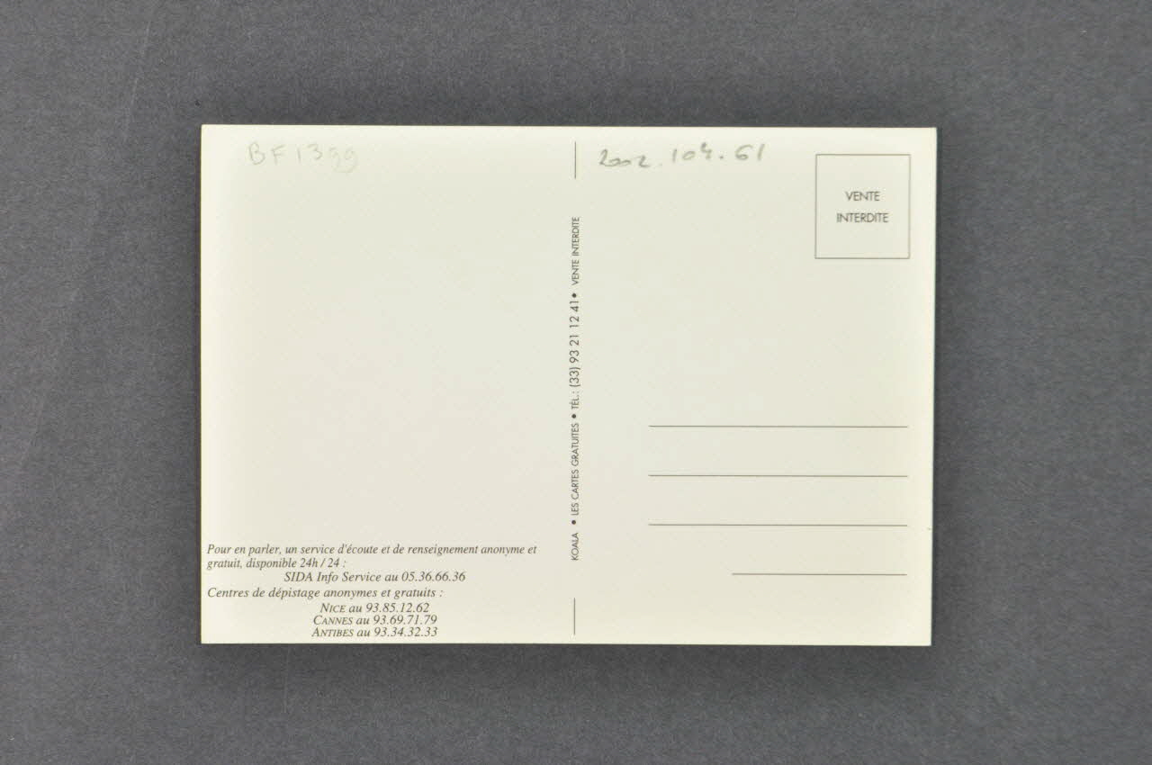 Ministère des Affaires Sociales, de la Santé et de la Ville carte postale "A ceux qui croient qu'il existe un vaccin contre le SIDA voici à quoi il ressemble." Provence-Alpes-Côte d'Azur, France 1996 2002.104.61 Photo Mucem