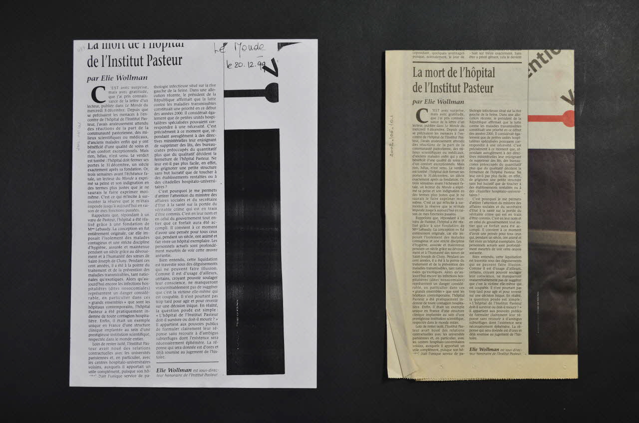 Hôpital Pasteur, Personnel journal La mort de l'hôpital de l'Institut Pasteur Île-de-France, France 1999/12/20 2002.106.10.1-2 Photo Mucem