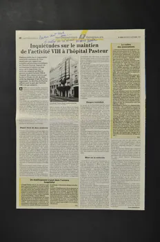 Hôpital Pasteur - Personnel et malades PAGE DE JOURNAL Inquiétudes sur le maintien de l'activité VIH à l'hôpital Pasteur Île-de-France, France 1999/9/23 2002.106.11 Photo Mucem