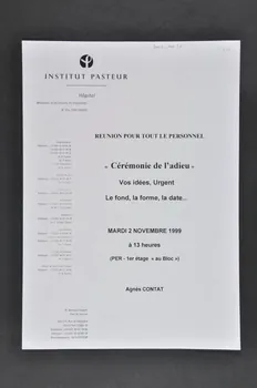 Hôpital Pasteur - Personnel et malades affichette Invitation à la réunion de préparation de la "Cérémonie de l'adieu" Île-de-France, France 1999/12 2002.106.36 Photo Mucem