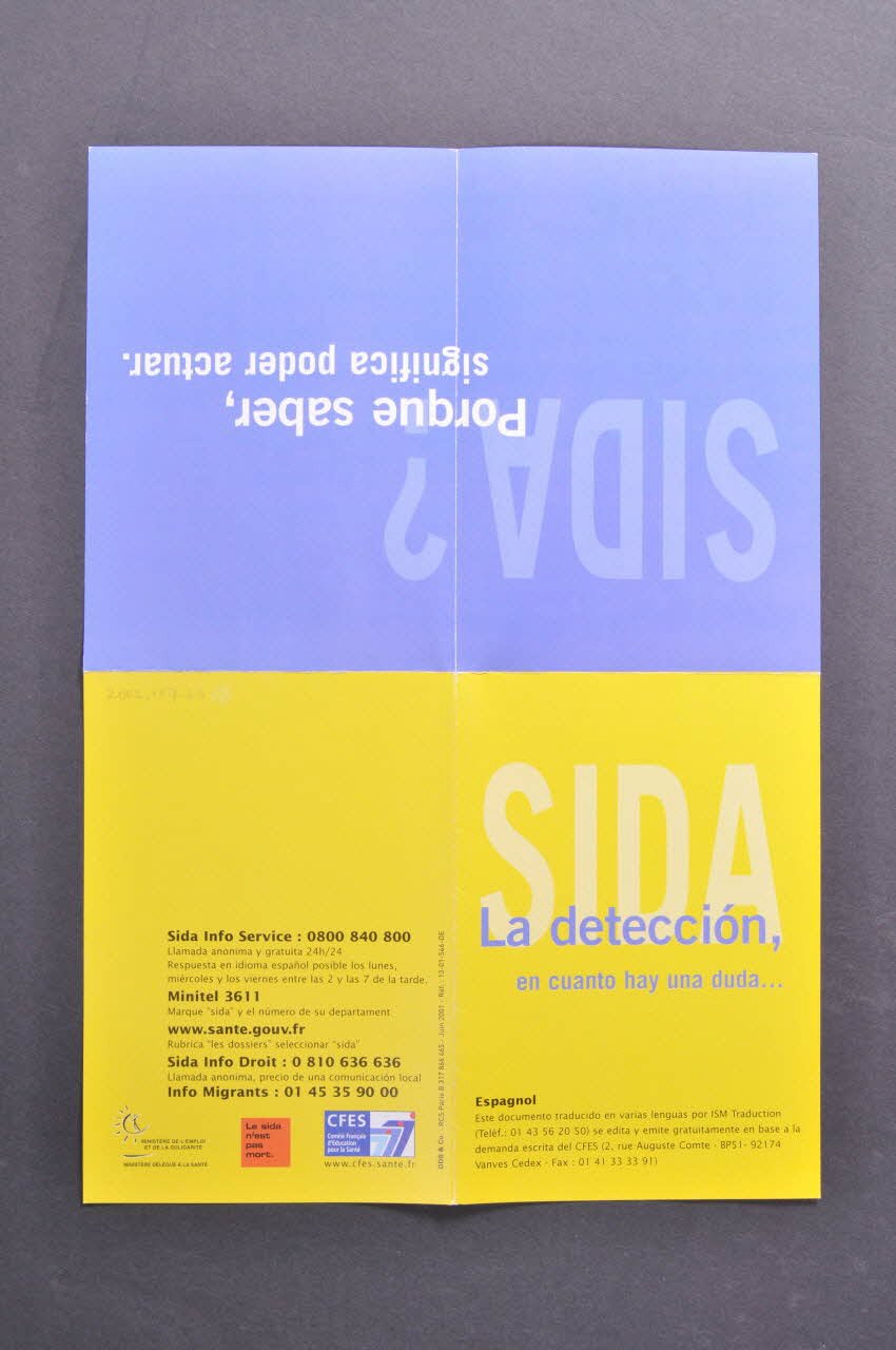 France. Ministère de l'emploi et de la solidarité, Comité Dépliant "SIDA. La deteccion, en cuanto hay una duda"  (Le dépistage, dès qu'il y a un doute.)" France 2001/6 2002.107.23 Photo Mucem