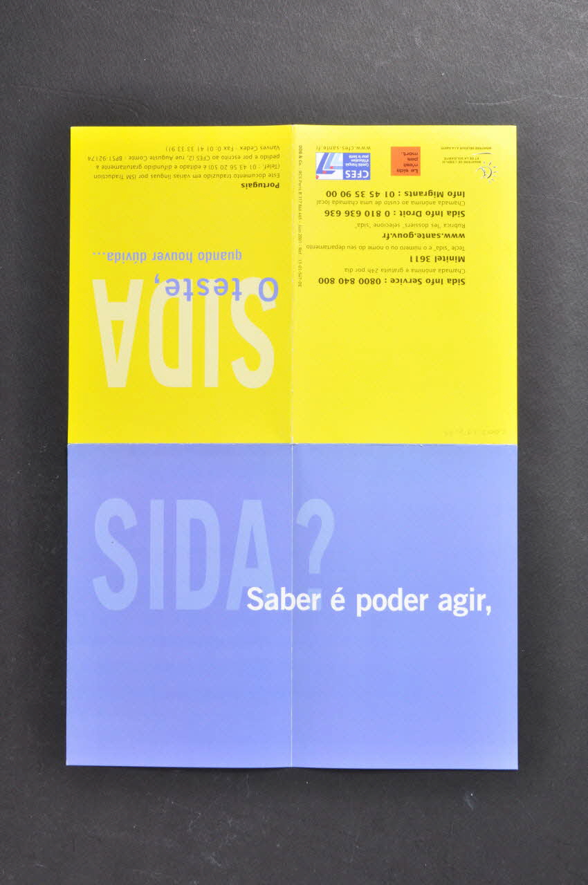 France. Ministère de l'emploi et de la solidarité, Comité Dépliant "SIDA. O teste, quando houver duvida"  (Le dépistage, dès qu'il y a un doute.)" France 2001/6 2002.107.24 Photo Mucem