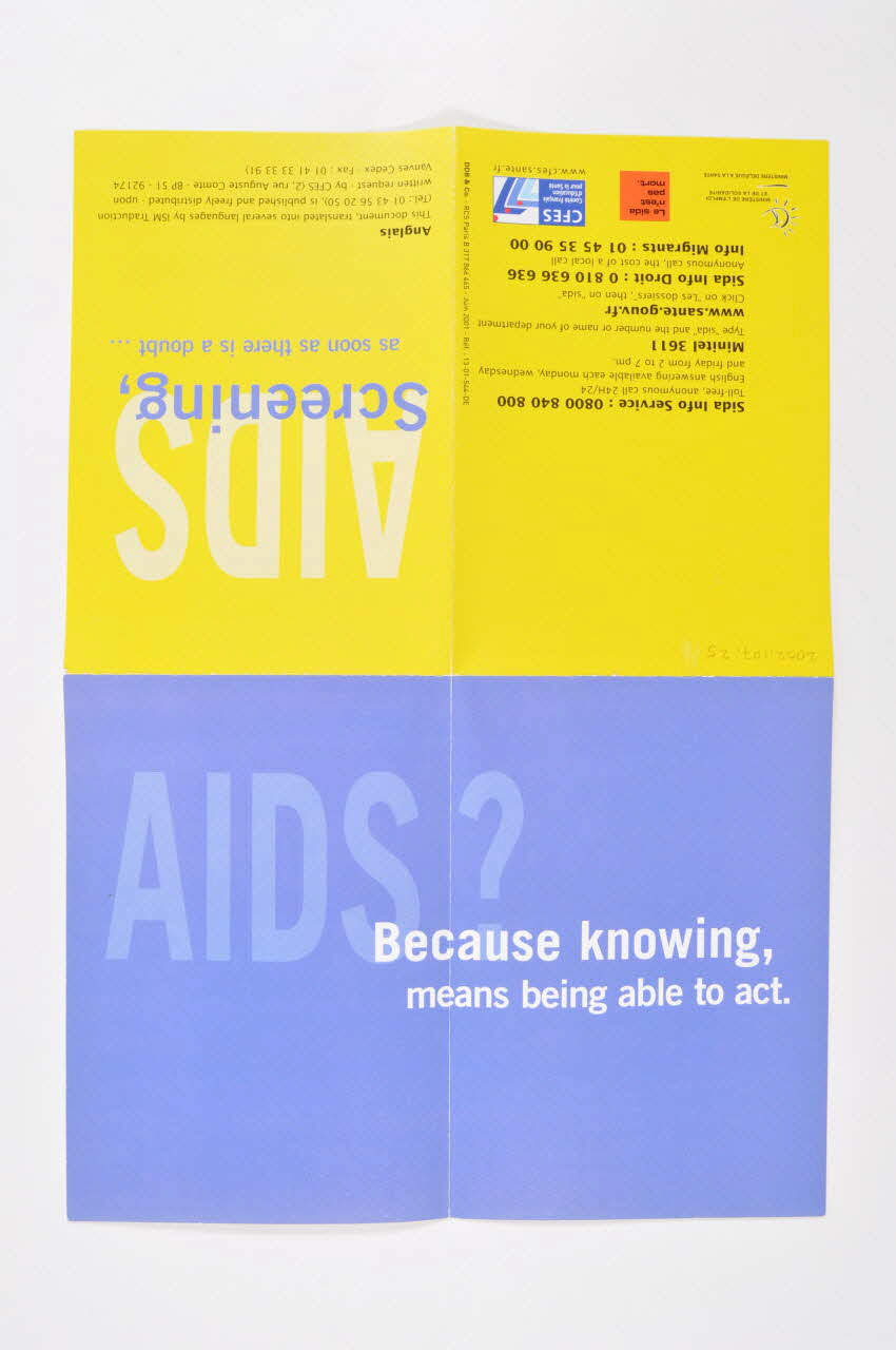France. Ministère de l'emploi et de la solidarité, Comité Dépliant "AIDS. Screening, as soon as there is a doubt..."  (Le dépistage, dès qu'il y a un doute.)" France 2001/6 2002.107.25 Photo Mucem
