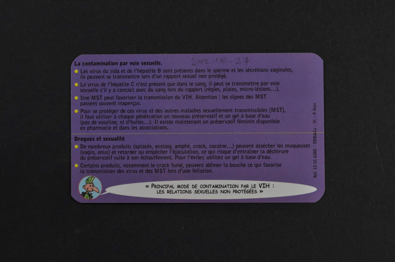 Hépatites Info Service / Drogues Info Service / Sida Info Service Carte d'information "Drogues et sexualité" France 2002 2002.110.27  Photo Mucem