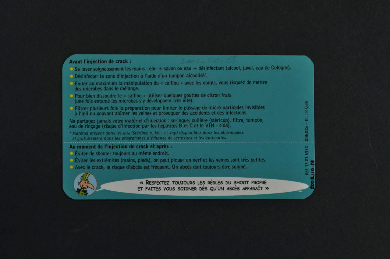 Hépatites Info Service / Drogues Info Service / Sida Info Service Carte d'information "Le crack injecté" France 2002 2002.110.28 Photo Mucem