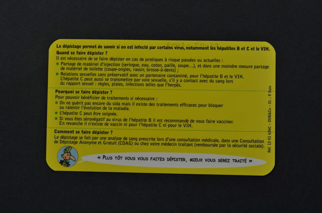Hépatites Info Service / Drogues Info Service / Sida Info Service Carte d'information "Le dépistage" France 2002 2002.110.29 Photo Mucem