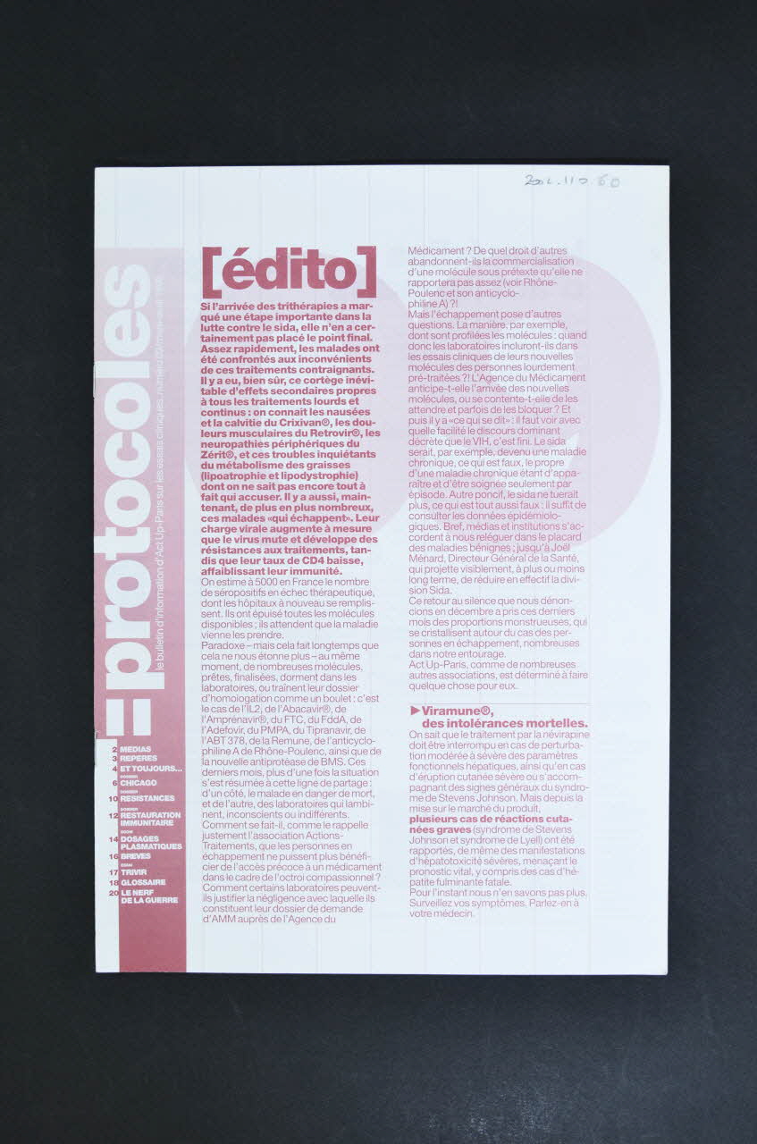 Act Up-Paris Bulletin associatif Protocoles. Le bulletin d'information d'Act Up-Paris sur les essais cliniques, n°9 France 1999 2002.110.60 Photo Mucem