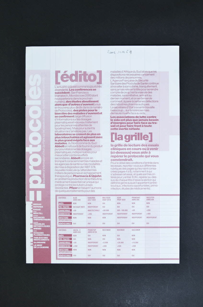 Act Up-Paris Bulletin associatif Protocoles. Le bulletin d'information d'Act Up-Paris sur les essais cliniques, n°14 France 2000 2002.110.61 Photo Mucem