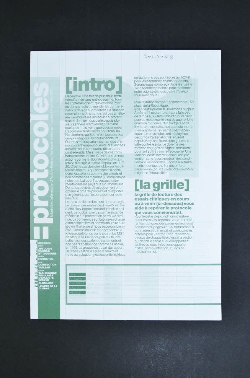 Act Up-Paris Bulletin d'information Protocoles. Le bulletin d'information d'Act Up-Paris sur les essais cliniques, n°21 /  Sida, l'autre guerre, 10 000 morts par jour / Roche tue impunément France 2001 2002.110.68 Photo Mucem
