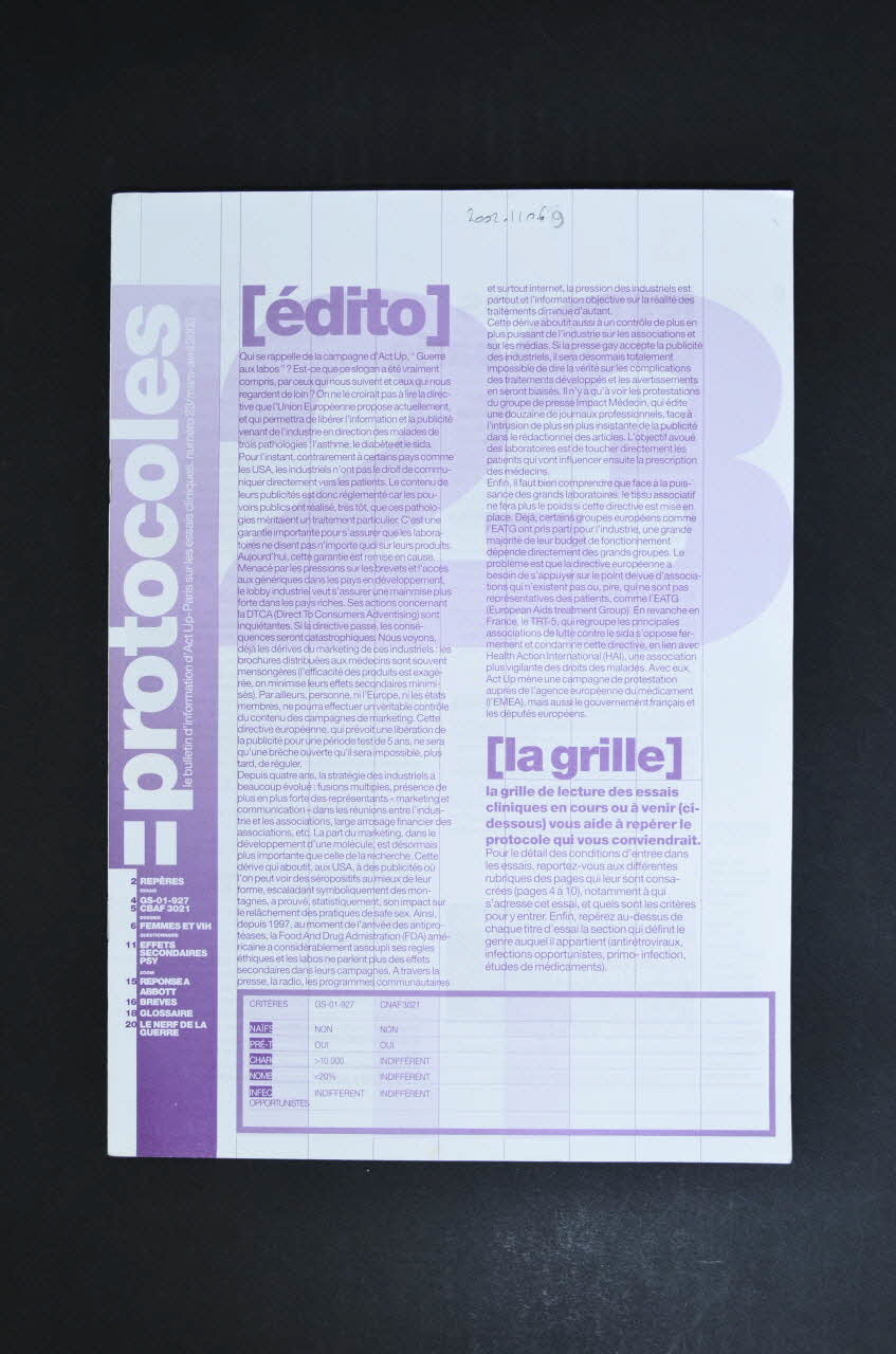 Act Up-Paris Bulletin d'information Protocoles. Le bulletin d'information d'Act Up-Paris sur les essais cliniques, n°23 /  Libération de la publicité venant de l'industrie pharmaceutique sur l'asthme, le diabète et le sida France 2002 2002.110.69 Photo Mucem